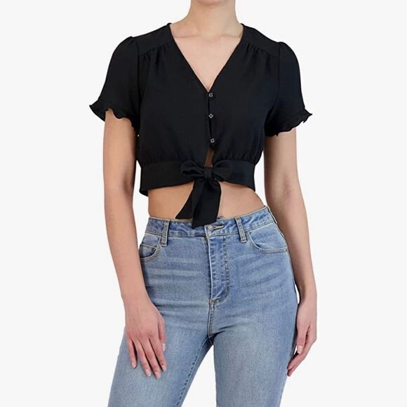 💜 3/$30 6/$50 BCBGeneration Black Short Sleeve Button Down Tie Front Crop Top S - Picture 1 of 11